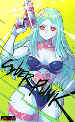 Rule 34 | 1girl, absurdres, artificial eye, black bra, bra, breasts, chikoinochi, closed mouth, colored sclera, colored skin, commentary request, cyberpunk (series), cyberpunk edgerunners, cyborg, gradient background, green background, green hair, gun, hand on own hip, highres, leg tattoo, long hair, mechanical eye, medium breasts, neck tattoo, pink tattoo, pout, rebecca (cyberpunk), red pupils, red sclera, stomach tattoo, strapless, strapless bra, tattoo, underwear, weapon, white skin, yellow background