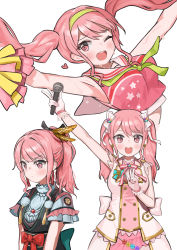 Rule 34 | 1girl, absurdres, bang dream!, bare shoulders, earrings, feather hair ornament, feathers, hair ribbon, hairband, heart, highres, jewelry, maruyama aya, microphone, pink hair, pink ribbon, pocari (sq551), pom pom (cheerleading), ponytail, red ribbon, ribbon, salute, twintails, two-finger salute, white ribbon