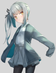 Rule 34 | 1girl, alternate costume, black pantyhose, black ribbon, blush, brown eyes, cardigan, closed mouth, collared shirt, comah, commentary request, dress shirt, grey background, grey cardigan, grey skirt, hair ribbon, head tilt, highres, kantai collection, kasumi (kancolle), long hair, long sleeves, looking at viewer, open cardigan, open clothes, pantyhose, pleated skirt, ribbon, shirt, side ponytail, silver hair, simple background, skirt, sleeves past fingers, sleeves past wrists, solo, suspender skirt, suspenders, white shirt