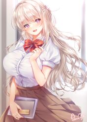 Rule 34 | 1girl, blush, book, bow, bowtie, breasts, brown skirt, commentary request, drop.b, grey hair, hallway, highres, holding, holding book, impossible clothes, large breasts, long hair, looking at viewer, open mouth, original, pink bow, pleated skirt, red bow, red bowtie, school, school uniform, shirt, sidelocks, signature, skirt, smile, solo, swept bangs, uniform, white shirt, window
