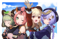 Rule 34 | 4girls, ahoge, animal ears, arm up, bad id, bad pixiv id, bangs pinned back, black skirt, blue sky, braid, cabbie hat, cat ears, cat girl, chinese clothes, cloud, cloudy sky, clover print, commentary request, diona (genshin impact), enoki hatoko, fingerless gloves, forehead, from side, genshin impact, gloves, green eyes, green hair, hair between eyes, hair ribbon, hat, hat ornament, hug, hug from behind, japanese clothes, jiangshi, klee (genshin impact), kuji-in, leaf, leaf on head, light smile, long hair, long sleeves, looking at viewer, looking to the side, low ponytail, low twintails, multiple girls, ninja, orange eyes, pink hair, pointy ears, purple eyes, purple hair, qingdai guanmao, qiqi (genshin impact), ribbon, sayu (genshin impact), short hair, sidelocks, single braid, skirt, sky, thick eyebrows, twintails, vision (genshin impact), waving