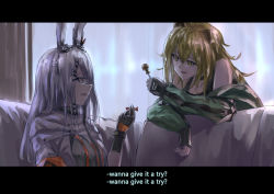 Rule 34 | 2girls, animal ears, arknights, blonde hair, candy, chinese commentary, cishi nianshao, english text, food, frostnova (arknights), highres, indoors, letterboxed, lion ears, lollipop, multiple girls, rabbit ears, scar, scar on face, scar on nose, siege (arknights), white hair