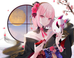 Rule 34 | 1girl, black kimono, cherry blossoms, cup, flower, fox mask, full moon, hair flower, hair ornament, holding, hololive, hololive english, japanese clothes, kimono, long sleeves, looking at viewer, mask, unworn mask, moon, mori calliope, mori calliope (new year), obi, off shoulder, parted lips, pink hair, red eyes, sakazuki, sash, short hair, smile, solo, tassel, upper body, virtual youtuber, wide sleeves, wristband, yukisame