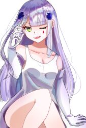 Rule 34 | 1girl, :d, adjusting hair, bare legs, breasts, cleavage, collarbone, elbow gloves, feet out of frame, girls&#039; frontline, gloves, green eyes, grey hair, highres, hk416 (girls&#039; frontline), knees together feet apart, knees up, large breasts, long hair, looking at viewer, one eye closed, open mouth, shirt, sidelocks, simple background, sleeveless, sleeveless shirt, smile, solo, straight hair, tank top, teardrop facial mark, teeth, upper teeth only, white background, white gloves, white tank top, yossi art