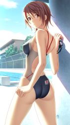 Rule 34 | 00s, 1girl, 2005, ass, blue sky, breasts, brown eyes, brown hair, building, chain-link fence, cloud, competition swimsuit, covered erect nipples, day, eyebrows, fence, flag, goggles, highleg, highleg swimsuit, highres, japan, japanese flag, kuri (kurigohan), looking at viewer, looking back, medium breasts, one-piece swimsuit, original, outdoors, pool, short hair, sideboob, sky, solo, sunlight, swimsuit, tree