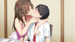 Rule 34 | 1boy, 1girl, aomizuan, arm around shoulder, bare shoulders, beads, black hair, blush, breast press, breasts, brown eyes, brown hair, chair, cleavage, collared shirt, closed eyes, french kiss, frilled skirt, frills, hair beads, hair ornament, half-closed eyes, hetero, highres, homework, kiss, large breasts, necktie, notebook, open mouth, original, pen, pink tank top, saliva, school uniform, shirt, shonen to chijo onesan tachi no shiawase h na apato kurashi, short sleeves, skirt, table, tank top, tears, twintails