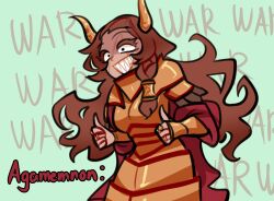 Rule 34 | 1girl, :d, agamemnon (the iliad), armor, breasts, brown hair, centurii-chan (artist), cloak, english text, green background, highres, horns, jewelry, long hair, medium breasts, multiple rings, open mouth, original, red cloak, ring, scar, scar across eye, scar on face, sharp teeth, single hair tube, smile, solo, teeth, the iliad (poem), thumbs up, vambraces