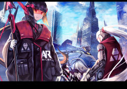 Rule 34 | 1girl, absurdres, black hair, black jacket, blue sky, building, city, closed mouth, cloud, cloudy sky, commentary, day, english commentary, gloves, goggles, headgear, highres, holding, holding spear, holding weapon, jacket, letterboxed, long hair, long sleeves, looking at viewer, original, outdoors, polearm, ponytail, red eyes, robot, sawawse, sky, skyscraper, spear, upper body, very long hair, weapon, white gloves, white hair, wide sleeves