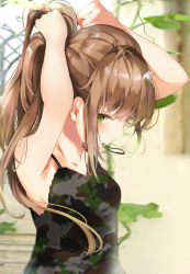 Rule 34 | 1girl, armpits, blurry, blurry background, blush, breasts, brown hair, camouflage, camouflage tank top, green eyes, hair tie in mouth, indoors, long hair, looking at viewer, mouth hold, original, pon (ponidrop), ponytail, sidelocks, small breasts, solo, tying hair, upper body