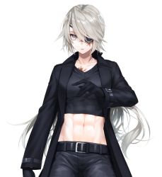Rule 34 | 1girl, abs, androgynous, belt, belt buckle, black belt, black coat, black gloves, black shirt, black shorts, buckle, coat, collarbone, collared coat, crop top, eyepatch, gloves, grey eyes, hand up, long hair, long sleeves, looking at viewer, midriff, navel, open clothes, open coat, original, parted lips, scar, scar on face, shirt, shorts, silver hair, simple background, solo, standing, surprised, swept bangs, tsurime, waka (shark waka), white background