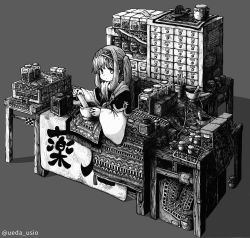 Rule 34 | 1girl, absurdres, artist name, expressionless, greyscale, hairband, highres, long hair, long sleeves, looking at viewer, monochrome, original, sidelocks, sitting, solo, twintails, twitter username, usio ueda