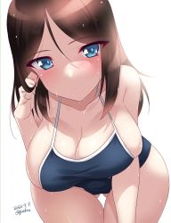 Rule 34 | 1girl, artist name, blue eyes, blue one-piece swimsuit, blush, breasts, brown hair, cleavage, collarbone, dated, girls und panzer, gluteal fold, highres, kuzuryuu kennosuke, large breasts, long hair, looking at viewer, nonna (girls und panzer), one-piece swimsuit, simple background, solo, sweat, swimsuit, white background