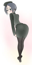 Rule 34 | 10s, 1girl, ass, beret, black eyes, black hair, black hat, black jacket, black pantyhose, black skirt, closed mouth, from behind, full body, girls und panzer, glasses, hat, jacket, leaning forward, long sleeves, looking at viewer, looking back, military, military uniform, miniskirt, no shoes, pantyhose, pencil skirt, round eyewear, rumi (girls und panzer), selection university military uniform, short hair, simple background, skirt, solo, standing, uniform, wata do chinkuru, white background