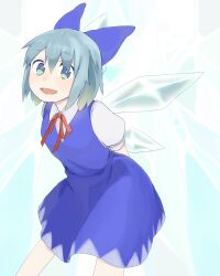Rule 34 | 1girl, :d, arms behind back, blue bow, blue dress, blue eyes, blue hair, blush, bow, cirno, citrus (place), dress, feet out of frame, flat chest, grey background, hair between eyes, hair bow, ice, ice wings, leaning forward, legs apart, looking at viewer, open mouth, pinafore dress, puffy short sleeves, puffy sleeves, red ribbon, ribbon, short hair, short sleeves, simple background, sleeveless, sleeveless dress, smile, solo, touhou, wing collar, wings
