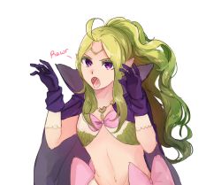 Rule 34 | 1girl, breasts, cleavage, cloak, curly hair, fire emblem, fire emblem awakening, green hair, long hair, looking at viewer, nintendo, nowi (fire emblem), open mouth, pointy ears, purple eyes, simple background, underwear, white background