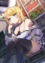 Rule 34 | 1girl, aqua eyes, arm support, bare shoulders, black thighhighs, blonde hair, bow, checkered shorts, cheek rest, collar, commentary, hair bow, hair ornament, hairclip, highres, jacket, kagamine rin, ladder, number tattoo, open clothes, open jacket, short hair, shorts, shoulder tattoo, sitting, solo, soramame pikuto, swept bangs, tattoo, thighhighs, vocaloid, white bow, white jacket
