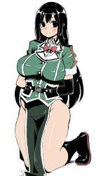 Rule 34 | 10s, 1girl, black eyes, black hair, blush, boots, breasts, chikuma (kancolle), elbow gloves, full body, gloves, hanauna, kantai collection, large breasts, long hair, looking at viewer, no panties, pelvic curtain, side slit, simple background, single elbow glove, sketch, smile, solo, white background