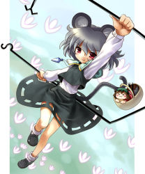 Rule 34 | &gt;:), 2girls, :3, animal ears, basket, cat ears, cat girl, cat tail, chen, chibi, danmaku, dowsing rod, female focus, full body, grey hair, jewelry, katahira masashi, mouse ears, mouse tail, multiple girls, multiple tails, nazrin, outstretched arms, pendant, red eyes, short hair, spread arms, tail, touhou, v-shaped eyebrows