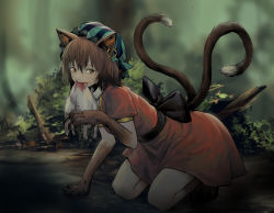 Rule 34 | 1girl, absurdres, animal, animal ears, animal hands, arm support, black bow, black sash, blood, blood from mouth, blood on face, blurry, blurry background, bow, brown hair, cat, cat ears, cat tail, chen, claw pose, claws, collared shirt, commentary, crawling, death, dress, earrings, fang, forest, full body, googerm, green hat, hair between eyes, hat, highres, hunting, jewelry, kneeling, looking at viewer, looking to the side, mob cap, monster girl, mouth hold, multiple tails, mushroom, nature, nekomata, on ground, outdoors, puffy short sleeves, puffy sleeves, rabbit, red dress, sash, shirt, short hair, short sleeves, single earring, slit pupils, solo, tail, touhou, two tails, undershirt, white shirt, wing collar