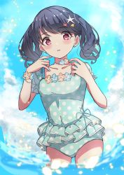 Rule 34 | 1girl, absurdres, black hair, blue sky, cb (cb hayaoki), commentary request, flower, flower bracelet, flower necklace, fukumaru koito, green nails, green one-piece swimsuit, highres, idolmaster, idolmaster shiny colors, jewelry, looking at viewer, nail polish, necklace, one-piece swimsuit, polka dot, polka dot swimsuit, purple eyes, sky, solo, starfish hair ornament, swimsuit, twintails, water