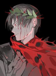 Rule 34 | 1boy, black background, blood, cape, crown of thorns, e.g.o (project moon), facing to the side, grey armor, grey hair, highres, laurel crown, leviathan (project moon), limbus company, parted lips, project moon, red cape, red eyes, simple background, solo, spoilers, upper body, vergilius (project moon), yongsadragon
