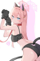 Rule 34 | 1girl, absurdres, animal ears, animal hands, ass, black bra, black gloves, black panties, blue archive, blue eyes, blush, bra, breasts, cat ears, cat lingerie, cat paws, cat tail, closed mouth, cowboy shot, fake animal ears, gloves, halo, highres, large breasts, long hair, meme attire, mimori (blue archive), panties, paw gloves, pink hair, pink halo, simple background, sisong, solo, tail, underwear, white background