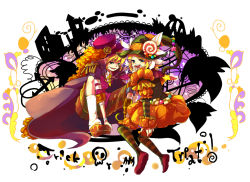 Rule 34 | 1boy, 1girl, brother and sister, bubble skirt, candy, checkerboard cookie, cookie, dress, food, halloween, hashimochi, kagamine len, kagamine rin, orange dress, siblings, skirt, trick and treat (vocaloid), trick or treat, twins, vocaloid