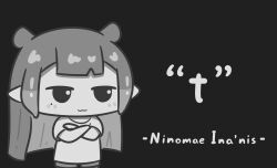 Rule 34 | :3, absurdres, chibi, crossed arms, english text, greyscale, highres, hololive, hololive english, long hair, mole, mole under eye, monochrome, mpien, ninomae ina&#039;nis, pointy ears, shirt, smirk, t-shirt, tentacle hair, virtual youtuber