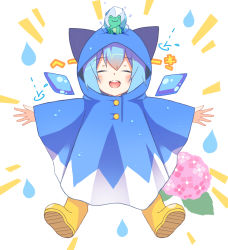 Rule 34 | 1girl, blue hair, blush, boots, child, cirno, closed eyes, flower, frog, frozen frog, highres, hood, hood up, hydrangea, light blush, open mouth, outstretched arms, poncho, raincoat, rubber boots, simple background, smile, solo, spread arms, spread legs, touhou, tsuri buta, water drop, wet, wet clothes, white background, wings