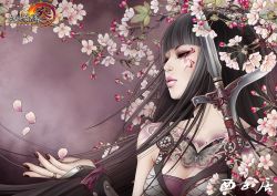Rule 34 | 1girl, absurdres, black hair, blunt bangs, bug, butterfly, flower, highres, insect, jian xia qing yuan (series), jianxia qingyuan (series), jianxia qingyuan 3, jianxia qingyuan online 3, lip piercing, lips, long hair, nail polish, official art, piercing, polearm, solo, spear, tattoo, tree, weapon, zhang xiaobai