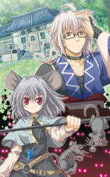 Rule 34 | 1boy, 1girl, animal ears, architecture, east asian architecture, glasses, grey hair, highres, jewelry, morichika rinnosuke, mouse (animal), mouse ears, mouse tail, nazrin, neko beretta, pendant, red eyes, short hair, tail, tanuki, touhou, yellow eyes