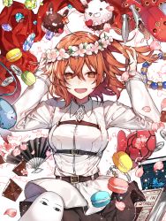 Rule 34 | &lt;o&gt; &lt;o&gt;, 1girl, :d, ahoge, arms up, black skirt, blush, book, breasts, brown eyes, brown hair, bug, butterfly, chaldea uniform, commentary request, cupcake, fate/grand order, fate (series), flower, flower wreath, folding fan, food, fujimaru ritsuka (female), hair between eyes, hanagata, hand fan, head wreath, highres, insect, jacket, long sleeves, looking at viewer, macaron, medium breasts, medjed (fate), one side up, open mouth, petals, pink flower, pleated skirt, pyramid (structure), skirt, sleeves past wrists, smile, uniform, white jacket