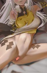 Rule 34 | 1girl, absurdres, arm up, bare shoulders, blush, censored, china dress, chinese clothes, doneen69, dress, fur collar, genshin impact, head out of frame, heart, heart censor, highres, leg tattoo, long hair, navel, ningguang (genshin impact), no panties, parted lips, pussy, solo, spread legs, tattoo, white hair, yellow dress