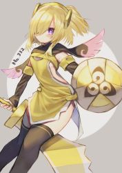 Rule 34 | 1girl, aegislash, black capelet, black sleeves, black thighhighs, blonde hair, capelet, creatures (company), detached sleeves, dress, game freak, gen 6 pokemon, grey background, hair over one eye, headgear, holding, holding sword, holding weapon, long sleeves, looking at viewer, moti yousei, nintendo, personification, pokemon, ponytail, shield, sleeveless, sleeveless dress, sleeves past wrists, solo, sword, thighhighs, two-tone background, weapon, white background, yellow dress