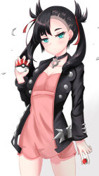 1girl asymmetrical_bangs between_fingers black_choker black_hair black_jacket blush breasts choker cleavage closed_mouth creatures_(company) dress earrings game_freak green_eyes hair_ribbon highres holding holding_poke_ball jacket jewelry looking_at_viewer marnie_(pokemon) nintendo open_clothes open_jacket otakummm pink_dress poke_ball poke_ball_(basic) pokemon pokemon_swsh ribbon short_dress simple_background small_breasts solo twintails undercut white_background