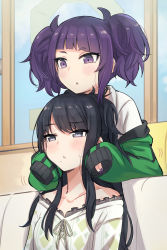 Rule 34 | 2girls, :o, :t, asymmetrical bangs, bare shoulders, black hair, blunt bangs, blush, choker, collarbone, couch, diagonal bangs, gougoku, hands on another&#039;s cheeks, hands on another&#039;s face, highres, idolmaster, idolmaster shiny colors, indoors, kazano hiori, leaning on person, long hair, looking at another, looking away, mole, mole under mouth, multiple girls, nail polish, off shoulder, office, prank, purple hair, sitting, sleeves past fingers, sleeves past wrists, spiked choker, spikes, sweatdrop, tanaka mamimi, twintails, window