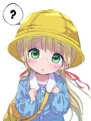 1girl :o ? absurdres bag blonde_hair blue_shirt chin_strap clenched_hands collared_shirt commentary_request glasses green_eyes hair_ribbon hat head_tilt highres kindergarten_bag kindergarten_uniform long_hair long_sleeves looking_at_viewer low_twintails made_in_abyss open_mouth pink_ribbon ribbon riko_(made_in_abyss) school_hat sekaineko_001 semi-rimless_eyewear shirt shoulder_bag solo speech_bubble spoken_question_mark twintails under-rim_eyewear upper_body white-framed_eyewear white_background yellow_bag yellow_hat