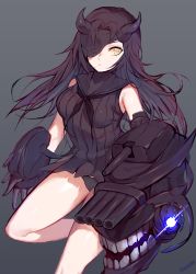 Rule 34 | 10s, 1girl, abyssal ship, black hair, dress, gloves, highres, horns, kantai collection, light cruiser princess, long hair, looking to the side, mask, mukka, one eye covered, panties, ribbed dress, sailor dress, sleeveless, sleeveless dress, solo, turret, twitter username, underwear, yellow eyes