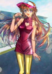 Rule 34 | 1990s (style), 1girl, bad id, bad pixiv id, bare shoulders, breasts, brown hair, cleavage, cleavage cutout, clothing cutout, cloud, dress, future gpx cyber formula, heart cutout, long hair, looking at viewer, medium breasts, pantyhose, purple eyes, race queen, red dress, retro artstyle, short dress, sky, smile, solo, standing, sugou asuka, tsukasaki ryouko, visor cap, yellow pantyhose