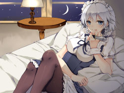 Rule 34 | 1girl, apron, between fingers, black pantyhose, blue dress, braid, breasts, crescent moon, dress, grey eyes, holding, izayoi sakuya, knife, lamp, large breasts, licking lips, looking at viewer, lying, maid, maid apron, maid headdress, moon, night, on back, on bed, pantyhose, pillow, puffy short sleeves, puffy sleeves, rinarisa, shirt, short sleeves, silver hair, solo, table, tongue, tongue out, touhou, twin braids, underbust, waist apron, window