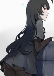 Rule 34 | 1girl, abyssal ship, ahoge, ass, black hair, black pantyhose, cowboy shot, dress, from behind, grey background, grey dress, head tilt, isolated island oni, kantai collection, layered sleeves, long hair, long sleeves, looking at viewer, looking back, pantyhose, parted lips, red eyes, short over long sleeves, short sleeves, solo, very long hair, walzrj