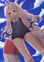 Rule 34 | 1girl, :o, absurdres, ahoge, akashiro yulice, blue archive, blush, breasts, cloud, cloudy sky, highres, hina (blue archive), hina (swimsuit) (blue archive), innertube, long hair, looking at viewer, name tag, one-piece swimsuit, open mouth, outdoors, pink eyes, school swimsuit, sky, small breasts, solo, standing, swim ring, swimsuit, thighs, wet, wet clothes, wet swimsuit, whistle, whistle around neck, white hair, wings