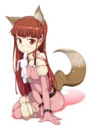 Rule 34 | 00s, 1girl, alternate hairstyle, animal ears, bare shoulders, brown hair, elbow gloves, fang, female focus, fox ears, fox tail, full body, gloves, idolmaster, idolmaster (classic), long hair, minase iori, mouth hold, pink thighhighs, red eyes, solo, stuffed animal, stuffed rabbit, stuffed toy, tail, thighhighs, ttomm, white background