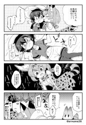 Rule 34 | 10s, 2girls, 4koma, animal ears, animal print, black hair, blush, bow, bowtie, bucket hat, comic, elbow gloves, eromame, gloves, greyscale, hat, hat feather, kaban (kemono friends), kemono friends, lucky beast (kemono friends), lying, monochrome, multiple girls, navel, on back, open mouth, pantyhose, serval (kemono friends), serval print, serval tail, shirt, short hair, shorts, smile, tail, tongue, translation request, yuri
