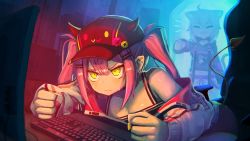 Rule 34 | 2girls, ahoge, animal ears, cat ears, cat tail, clenched hands, demon tail, ear piercing, green eyes, hat, highres, hololive, horns, computer keyboard, mozuya (hisai), multiple girls, nekomata okayu, off-shoulder jacket, off shoulder, piercing, pointing, purple hair, tail, tail ornament, tail piercing, tokoyami towa, twintails, virtual youtuber