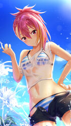 Rule 34 | 1girl, bare shoulders, bikini, bikini under shorts, black shorts, blonde hair, blue bikini, blue sky, blush, breasts, cleavage, closed mouth, cloud, cowboy shot, day, dot nose, from above, hand on own hip, hand up, highres, idolmaster, idolmaster million live!, idolmaster million live! theater days, large breasts, lens flare, long hair, looking at viewer, looking down, maihama ayumu, multicolored hair, nagmilk, navel, outdoors, palm tree, pink eyes, pink hair, ponytail, see-through, see-through shirt, shirt, shorts, sky, sleeveless, sleeveless shirt, solo, splashing, standing, strap slip, streaked hair, striped bikini, striped clothes, swimsuit, tree, wading, water, wet, wet clothes, wet shirt, white shirt