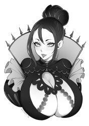 Rule 34 | 1girl, artist name, brassica, breasts, cleavage, cleavage cutout, clothing cutout, commission, eyelashes, frills, hair ornament, high collar, highres, huge breasts, lips, original, puffy sleeves, shadow, short hair, solo, spikes, upper body