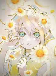 Rule 34 | 1boy, basil (faraway) (omori), basil (omori), blonde hair, blue eyes, collared shirt, commentary, crying, crying with eyes open, daisy, english commentary, falling, flower, hand on own face, highres, hinshi hp0, looking at viewer, male focus, omori, portrait, shirt, short hair, solo, sweater vest, tears, white flower, white shirt, yellow sweater vest