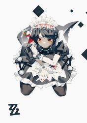 Rule 34 | 1girl, absurdres, awmin, black dress, black hair, black pantyhose, closed mouth, commentary, dress, ellen joe, fins, fish tail, from above, highres, looking up, maid headdress, pantyhose, red eyes, red nails, shark tail, simple background, sitting, solo, symbol-only commentary, tail, wariza, white background, wrist cuffs, zenless zone zero