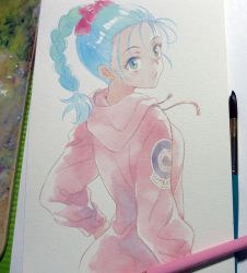 Rule 34 | 1girl, agahari, art brush, art tools in frame, blue eyes, blue hair, braid, braided ponytail, bulma, capsule corp, commentary request, dragon ball, dragon ball (classic), expressionless, eyelashes, floating hair, hair ribbon, hands in pockets, hood, hood down, hooded jacket, jacket, looking back, paintbrush, painting (medium), photo (medium), pink jacket, pursed lips, red ribbon, ribbon, shaded face, single braid, solo, traditional media, upper body, watercolor (medium)